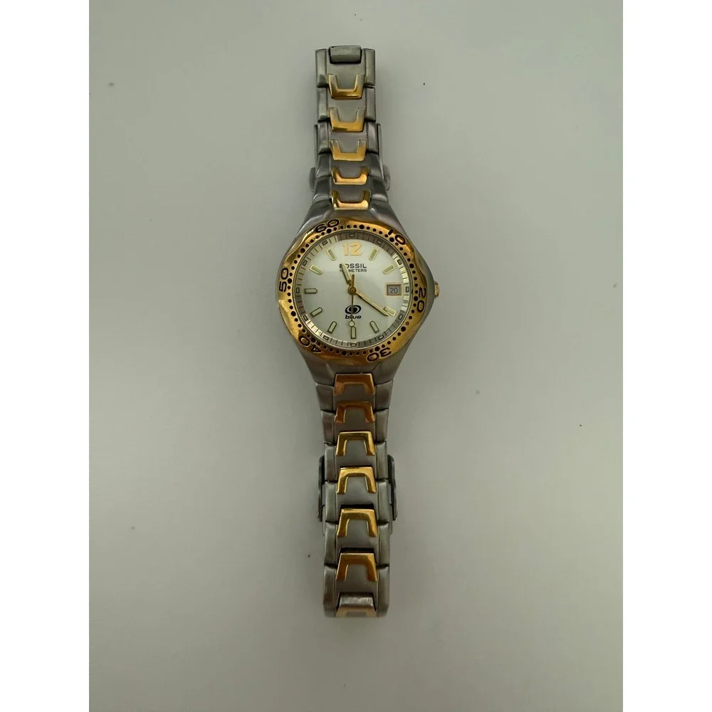 Fossil Blue AM-3425 Two Tone Silver Gold Stainless Steel Watch 100M Water Resist